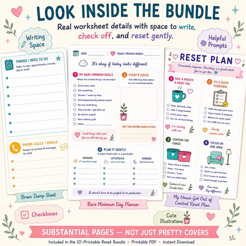 May include: A digital bundle of three printable worksheets featuring a Things I Need To Do list, a Bare Minimum Day Planner, and a Reset Plan. The pages include checkboxes, writing spaces, and colourful illustrations with text prompts for daily tasks.