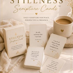 May include: A beige box and cards with gold text reading "Stillness Scripture Cards" and Bible verses. A mug of coffee and decorative sprigs are also present. The cards are for daily encouragement, faith, and inner peace.