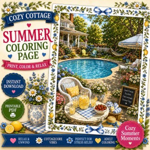 Può includere: Una pagina da colorare digitale che presenta una scena di un cottage estivo con piscina, mobili da giardino e una caraffa di limonata. Il design include testo come COZY COTTAGE SUMMER COLORING PAGE, PRINT, COLOR & RELAX, INSTANT DOWNLOAD e PRINTABLE PDF.