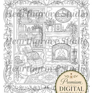 Pu&ograve; includere: Illustrazione in bianco e nero di un'accogliente scena di soggiorno. Un gatto dorme su una sedia vicino a un camino, circondato da libri, fiori ed elementi decorativi. L'immagine &egrave; incorniciata con disegni floreali e di foglie, con il testo "Premium Digital Download".