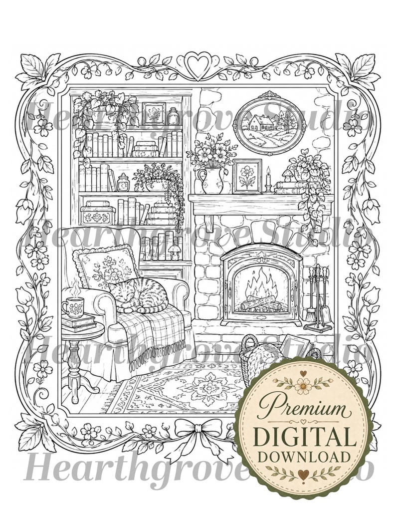 Pu&ograve; includere: Illustrazione in bianco e nero di un'accogliente scena di soggiorno. Un gatto dorme su una sedia vicino a un camino, circondato da libri, fiori ed elementi decorativi. L'immagine &egrave; incorniciata con disegni floreali e di foglie, con il testo "Premium Digital Download".
