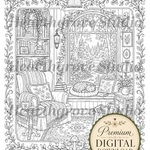 Pu&ograve; includere: Illustrazione in bianco e nero di un accogliente angolo lettura con una finestra che si affaccia su una foresta. Un gatto dorme su un davanzale. La scena comprende una libreria, una poltrona, un tavolino e un badge "Premium Digital Download".