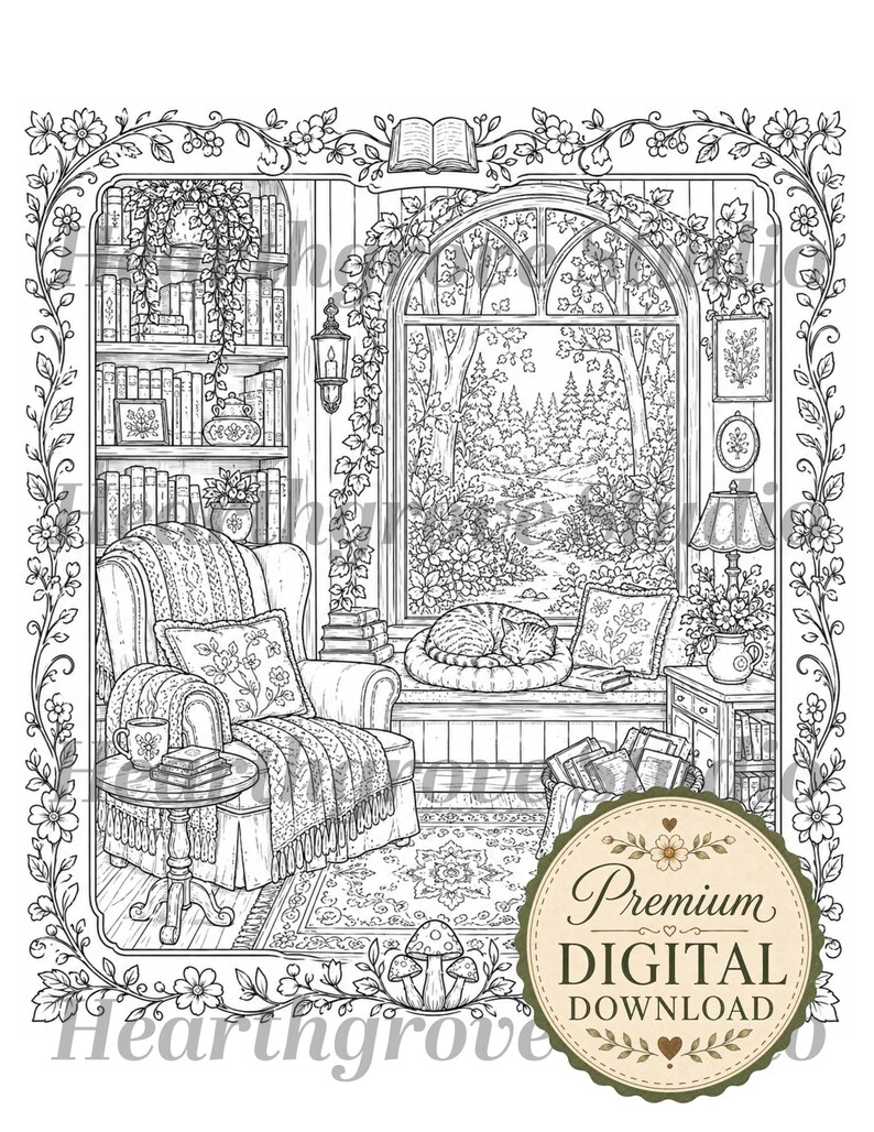Pu&ograve; includere: Illustrazione in bianco e nero di un accogliente angolo lettura con una finestra che si affaccia su una foresta. Un gatto dorme su un davanzale. La scena comprende una libreria, una poltrona, un tavolino e un badge "Premium Digital Download".