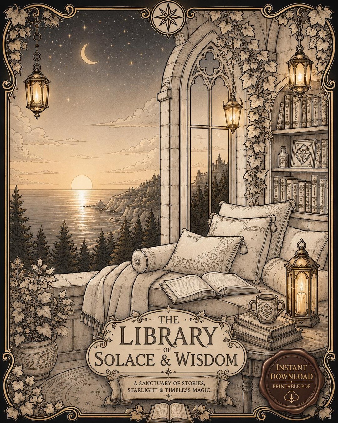 Cozy Fantasy Library Coloring Page Printable | Cottagecore Reading Nook ...
