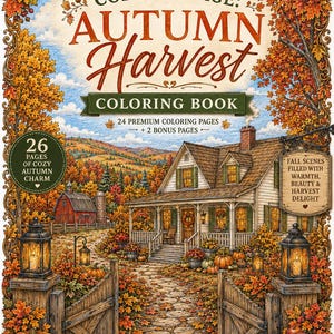 Può includere: Un libro da colorare intitolato Cozy Cottage: Autumn Harvest di Hearthgrove Studio. La copertina presenta un'illustrazione dettagliata di un cottage bianco, un fienile rosso, zucche e fogliame autunnale. Contiene 26 pagine con scene autunnali.