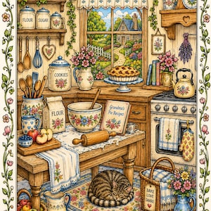Pu&ograve; includere: Una scena accogliente di cucina con una torta, fiori e un gatto che dorme. Barattoli con le scritte "Farina", "Zucchero" e "Biscotti" sono su scaffali. Un libro di cucina intitolato "Grandma's Pie Recipes" &egrave; su un tavolo di legno. Un cesto dice "Bake Love Share".