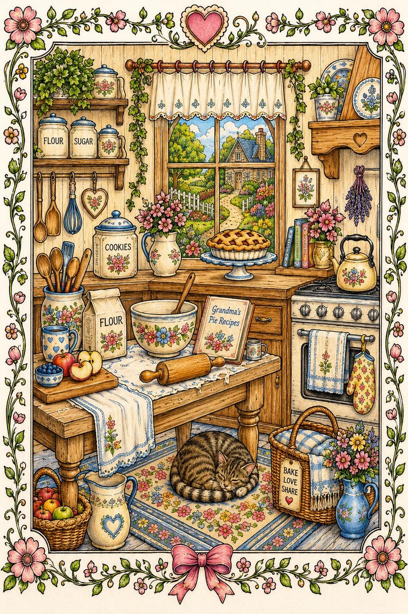 Pu&ograve; includere: Una scena accogliente di cucina con una torta, fiori e un gatto che dorme. Barattoli con le scritte "Farina", "Zucchero" e "Biscotti" sono su scaffali. Un libro di cucina intitolato "Grandma's Pie Recipes" &egrave; su un tavolo di legno. Un cesto dice "Bake Love Share".