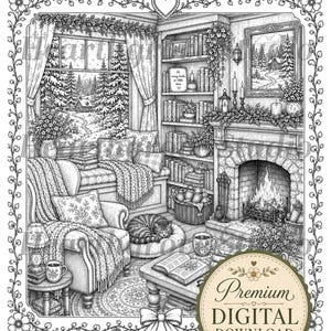 Pu&ograve; includere: Illustrazione in bianco e nero di un'accogliente scena di soggiorno. Presenta un camino, librerie, una finestra con un paesaggio invernale e un gatto che dorme su un letto. Include il testo "So many books, so little time."