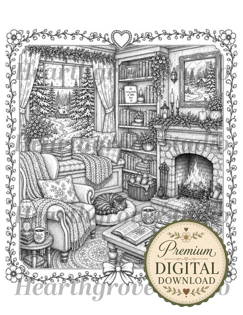 Pu&ograve; includere: Illustrazione in bianco e nero di un'accogliente scena di soggiorno. Presenta un camino, librerie, una finestra con un paesaggio invernale e un gatto che dorme su un letto. Include il testo "So many books, so little time."