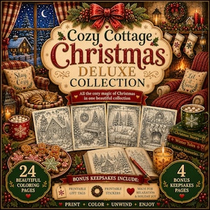 Può includere: Un grafico digitale intitolato Cozy Cottage Christmas Deluxe Collection che mostra una scena festiva con camino, poltrone, un gatto, biscotti di pan di zenzero e quattro pagine da colorare. Il testo include titoli e dettagli sui bonus.