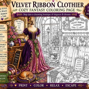 Può includere: Una pagina da colorare digitale intitolata Velvet Ribbon Clothier che mostra una scena di boutique con un abito su un manichino, un gatto che dorme, strumenti da cucito e appendiabiti. Il testo include Velvet Ribbon Clothier e Sewing Beauty.