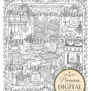 Pu&ograve; includere: Illustrazione dettagliata in bianco e nero di una scena di cucina accogliente, con strumenti per la cottura, ingredienti e una vista dalla finestra. Include testo che dice "Flour", "Sugar", "Brown Sugar", "Cookies", "Sweet Things", "Grandma's Cookie Recipes" e "Happiness is homemade".