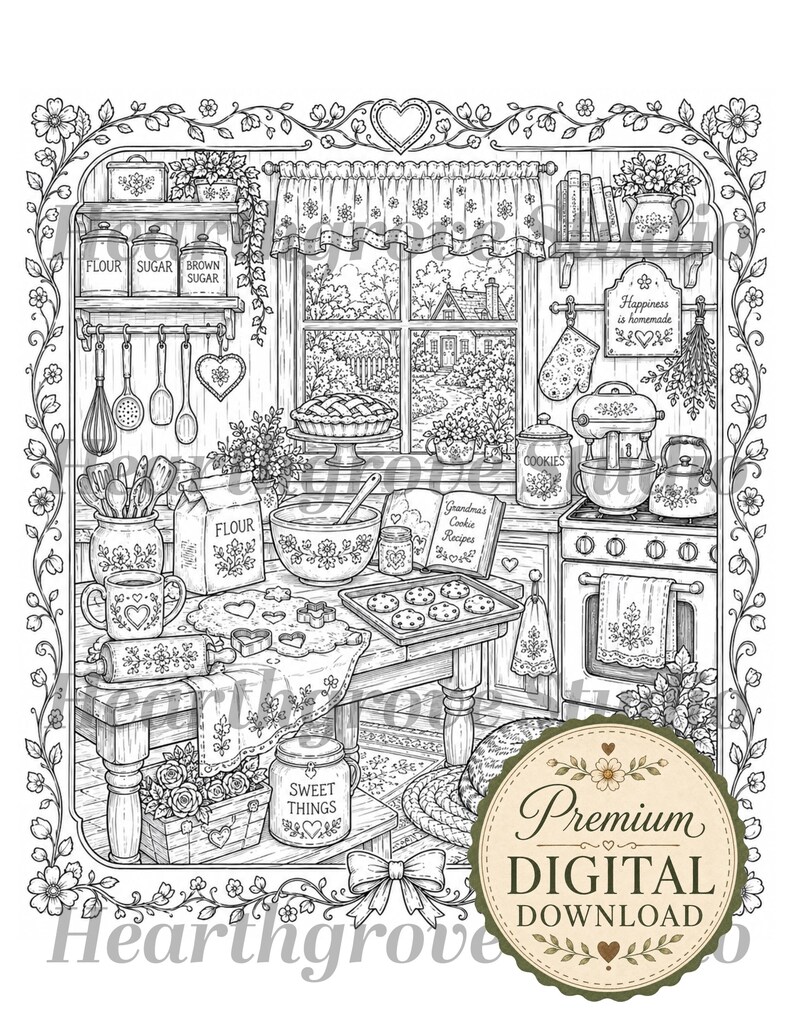 Pu&ograve; includere: Illustrazione dettagliata in bianco e nero di una scena di cucina accogliente, con strumenti per la cottura, ingredienti e una vista dalla finestra. Include testo che dice "Flour", "Sugar", "Brown Sugar", "Cookies", "Sweet Things", "Grandma's Cookie Recipes" e "Happiness is homemade".