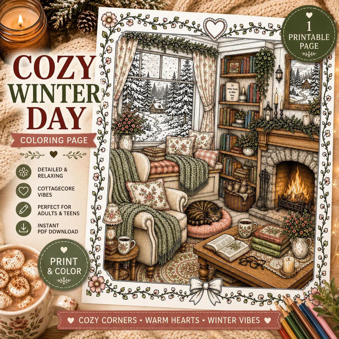 Cozy Winter Day Coloring Page Printable | Cozy Fireplace Cottagecore ...