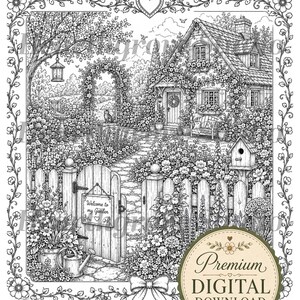 Pu&ograve; includere: Illustrazione in bianco e nero di una scena di giardino di cottage. L'immagine presenta una casa coperta di fiori, una staccionata, un cancello con un cartello che recita "Welcome to my Garden" e una casetta per uccelli. Un bordo a forma di cuore circonda l'immagine.