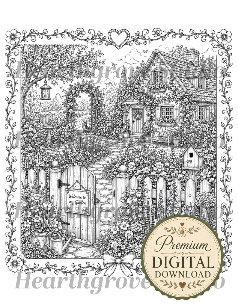Pu&ograve; includere: Illustrazione in bianco e nero di una scena di giardino di cottage. L'immagine presenta una casa coperta di fiori, una staccionata, un cancello con un cartello che recita "Welcome to my Garden" e una casetta per uccelli. Un bordo a forma di cuore circonda l'immagine.