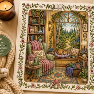 Pu&ograve; includere: Illustrazione dettagliata di un accogliente angolo lettura con una finestra che si affaccia su un sentiero nella foresta. La scena comprende una comoda poltrona, un tavolino con libri e un gatto che dorme. L'immagine &egrave; circondata da un bordo floreale e contiene il testo "DOWNLOAD IMMEDIATO STAMPA E GODITI OGGI".