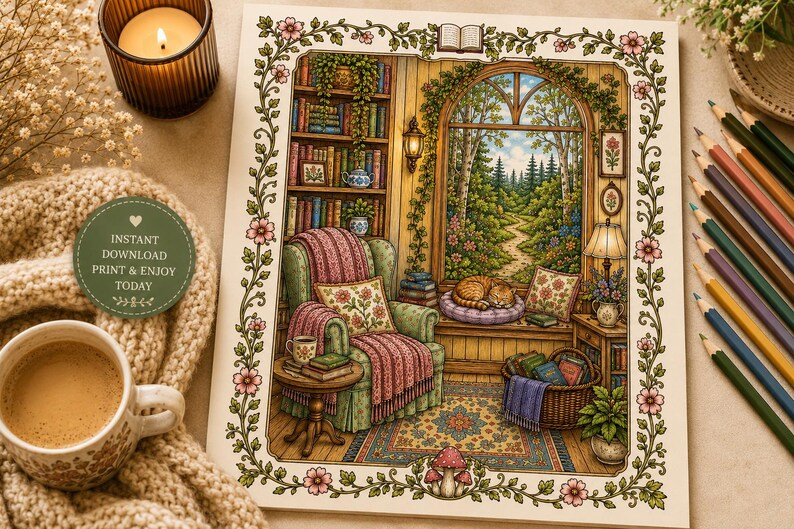Pu&ograve; includere: Illustrazione dettagliata di un accogliente angolo lettura con una finestra che si affaccia su un sentiero nella foresta. La scena comprende una comoda poltrona, un tavolino con libri e un gatto che dorme. L'immagine &egrave; circondata da un bordo floreale e contiene il testo "DOWNLOAD IMMEDIATO STAMPA E GODITI OGGI".