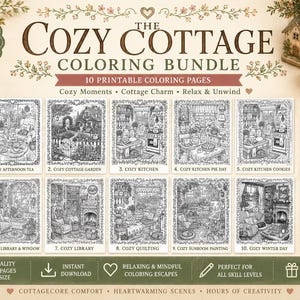 Pu&ograve; includere: Il Cozy Cottage Coloring Bundle presenta 10 pagine da colorare stampabili con scene di cottage accoglienti. Il pacchetto include bordi bonus ed &egrave; perfetto per tutti i livelli di abilit&agrave;. L'immagine mostra una tazza di t&egrave; e matite.