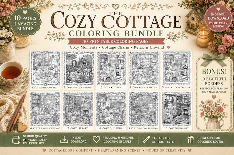 Pu&ograve; includere: Il Cozy Cottage Coloring Bundle presenta 10 pagine da colorare stampabili con scene di cottage accoglienti. Il pacchetto include bordi bonus ed &egrave; perfetto per tutti i livelli di abilit&agrave;. L'immagine mostra una tazza di t&egrave; e matite.
