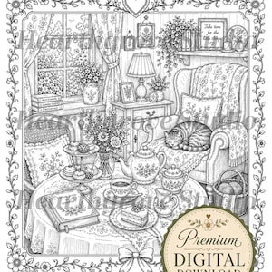 Pu&ograve; includere: Illustrazione in bianco e nero di una scena interna accogliente con un tavolo apparecchiato per il t&egrave;. Una teiera, tazze e una torta sono sul tavolo. Un gatto dorme su una poltrona floreale. L'immagine &egrave; incorniciata con bordi floreali e contiene il testo "Premium DIGITAL DOWNLOAD".