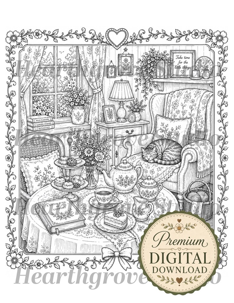 Pu&ograve; includere: Illustrazione in bianco e nero di una scena interna accogliente con un tavolo apparecchiato per il t&egrave;. Una teiera, tazze e una torta sono sul tavolo. Un gatto dorme su una poltrona floreale. L'immagine &egrave; incorniciata con bordi floreali e contiene il testo "Premium DIGITAL DOWNLOAD".