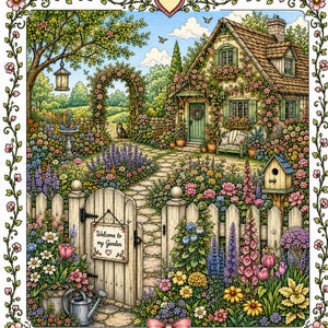 Pu&ograve; includere: Illustrazione colorata di una scena di giardino di cottage. Un sentiero di pietra conduce a un cottage coperto di fiori. Una staccionata bianca con un cancello con la scritta "Welcome to my Garden" &egrave; in primo piano. Sono visibili anche una casetta per uccelli e un annaffiatoio.
