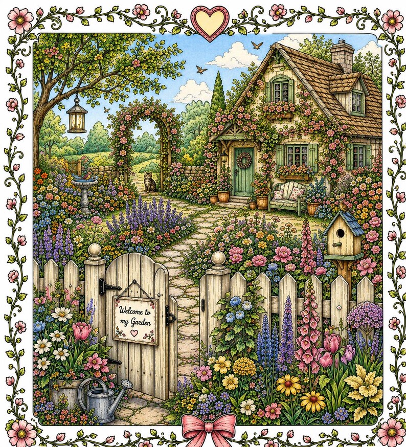 Pu&ograve; includere: Illustrazione colorata di una scena di giardino di cottage. Un sentiero di pietra conduce a un cottage coperto di fiori. Una staccionata bianca con un cancello con la scritta "Welcome to my Garden" &egrave; in primo piano. Sono visibili anche una casetta per uccelli e un annaffiatoio.