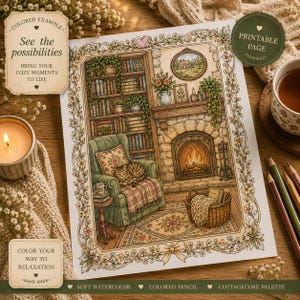 Pu&ograve; includere: Illustrazione dettagliata di un accogliente interno di cottage con camino, poltrona e libreria. L'immagine include il testo "See the possibilities" e "Color your way to relaxation". La scena &egrave; decorata con elementi floreali e un gatto.