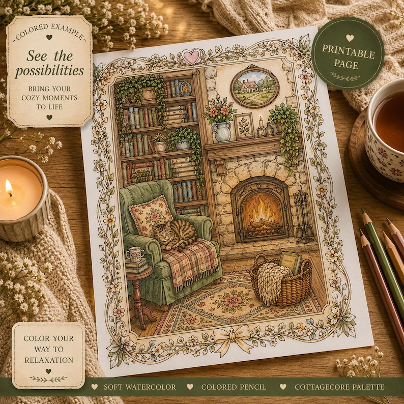 Pu&ograve; includere: Illustrazione dettagliata di un accogliente interno di cottage con camino, poltrona e libreria. L'immagine include il testo "See the possibilities" e "Color your way to relaxation". La scena &egrave; decorata con elementi floreali e un gatto.
