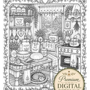 Pu&ograve; includere: Illustrazione in bianco e nero di una cucina dettagliata. Sono visibili barattoli con le parole farina, zucchero e sale. Un pane &egrave; appoggiato su un tavolo di legno. L'immagine include il testo "Good things are made with love" e "Premium Digital Download."