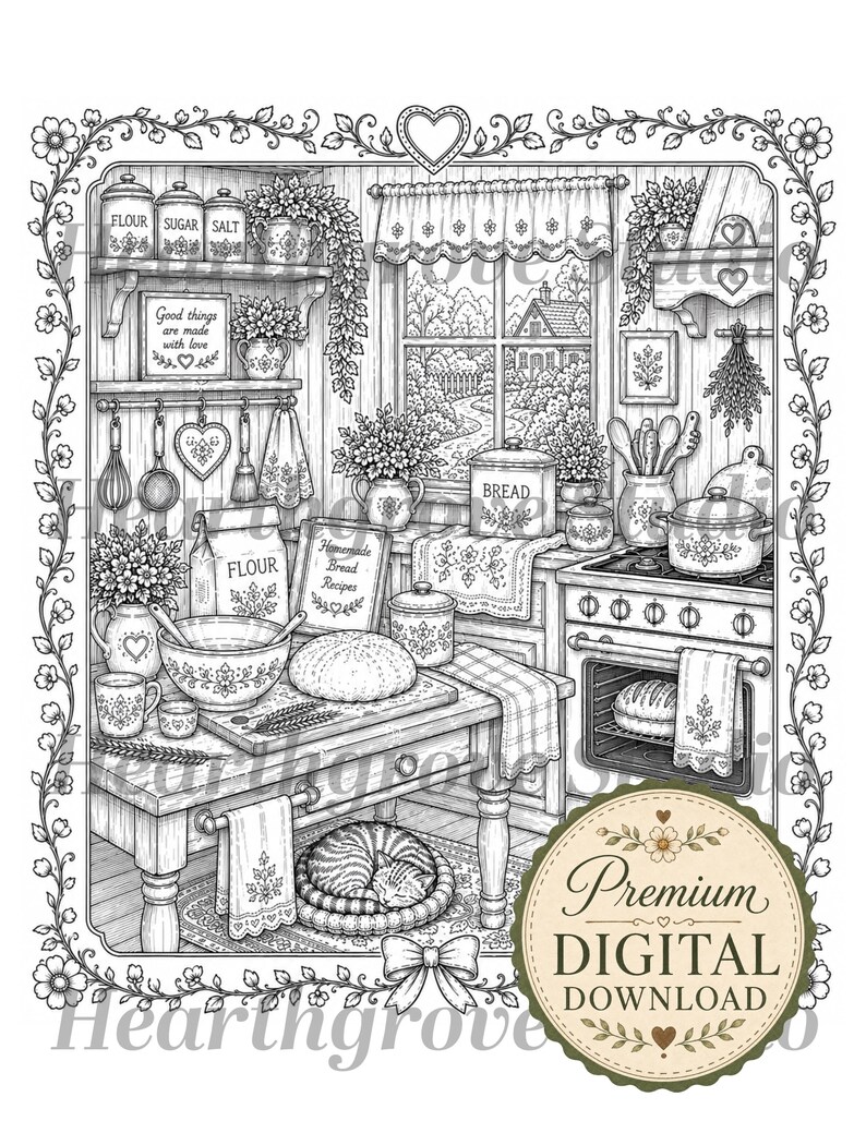 Pu&ograve; includere: Illustrazione in bianco e nero di una cucina dettagliata. Sono visibili barattoli con le parole farina, zucchero e sale. Un pane &egrave; appoggiato su un tavolo di legno. L'immagine include il testo "Good things are made with love" e "Premium Digital Download."