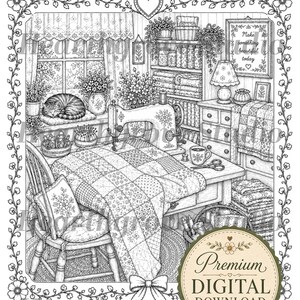 Pu&ograve; includere: Illustrazione in bianco e nero di una stanza da cucito. Una macchina da cucire &egrave; su un tavolo con una trapunta. Un gatto dorme su un davanzale. L'immagine include il testo "Make something beautiful today."