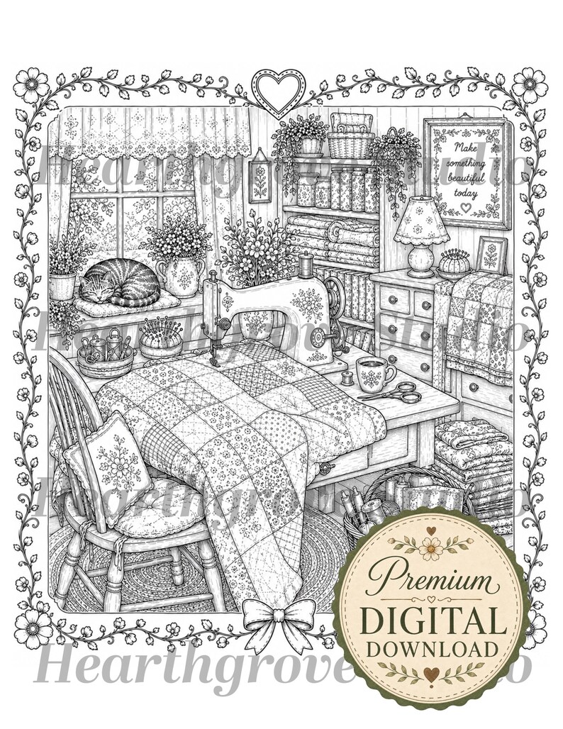 Pu&ograve; includere: Illustrazione in bianco e nero di una stanza da cucito. Una macchina da cucire &egrave; su un tavolo con una trapunta. Un gatto dorme su un davanzale. L'immagine include il testo "Make something beautiful today."