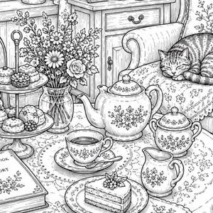 Pu&ograve; includere: Illustrazione in bianco e nero di un'accogliente tavola da t&egrave;. Una teiera, una tazza, una zuccheriera e una lattiera sono disposte su un tavolo con una tovaglia floreale. Una fetta di torta, pasticcini e un gatto che dorme completano la scena.