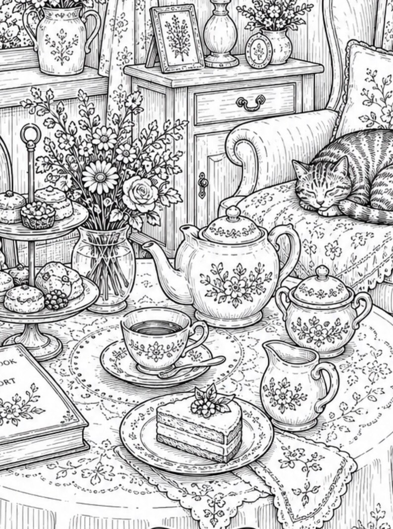 Pu&ograve; includere: Illustrazione in bianco e nero di un'accogliente tavola da t&egrave;. Una teiera, una tazza, una zuccheriera e una lattiera sono disposte su un tavolo con una tovaglia floreale. Una fetta di torta, pasticcini e un gatto che dorme completano la scena.