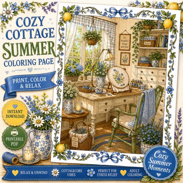 Cozy Cottage Summer Craft Room Coloring Page | Cottagecore Embroidery Studio Printable | Adult Coloring Page PDF | Instant Digital Download