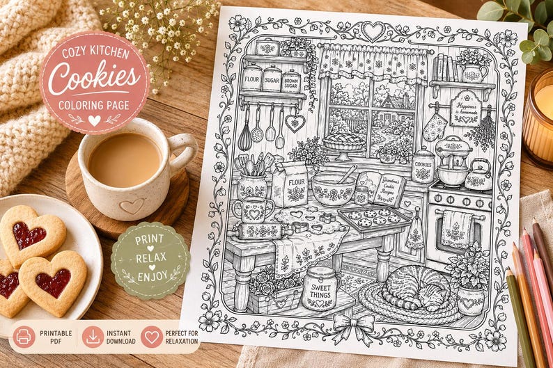 Pu&ograve; includere: Una pagina da colorare a tema cucina accogliente con un'illustrazione dettagliata di una scena di cucina, tra cui utensili da forno, un gatto e il testo "Cozy Kitchen Cookies Coloring Page". Sono visibili anche una tazza di caff&egrave; e biscotti a forma di cuore.