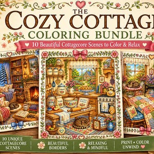 Pu&ograve; includere: Il Cozy Cottage Coloring Bundle presenta 10 pagine di scene in stile cottage da colorare e rilassare. L'immagine mostra una raccolta di pagine da colorare con illustrazioni dettagliate di interni accoglienti, circondate da decorazioni floreali.