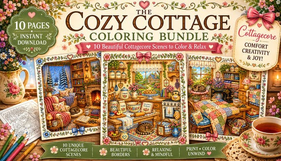 Cozy Cottage Coloring Bundle Printable | 10 Cottagecore Adult Coloring Pages PDF | Cozy Coloring Book Download | Relaxing Hygge Art Set