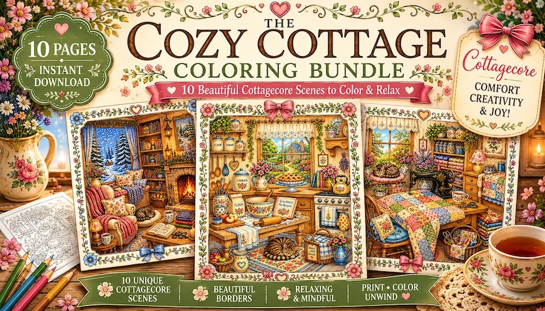 Pu&ograve; includere: Il Cozy Cottage Coloring Bundle presenta 10 pagine di scene in stile cottage da colorare e rilassare. L'immagine mostra una raccolta di pagine da colorare con illustrazioni dettagliate di interni accoglienti, circondate da decorazioni floreali.