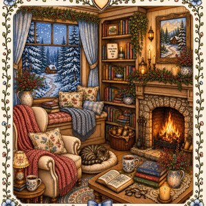 Pu&ograve; includere: Illustrazione accogliente di un angolo lettura con camino, librerie e una finestra che si affaccia su una foresta innevata. Una comoda poltrona con una coperta rossa e cuscini floreali &egrave; in primo piano. Un gatto dorme su un letto rotondo.