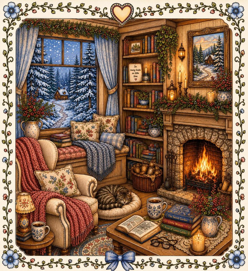 Pu&ograve; includere: Illustrazione accogliente di un angolo lettura con camino, librerie e una finestra che si affaccia su una foresta innevata. Una comoda poltrona con una coperta rossa e cuscini floreali &egrave; in primo piano. Un gatto dorme su un letto rotondo.
