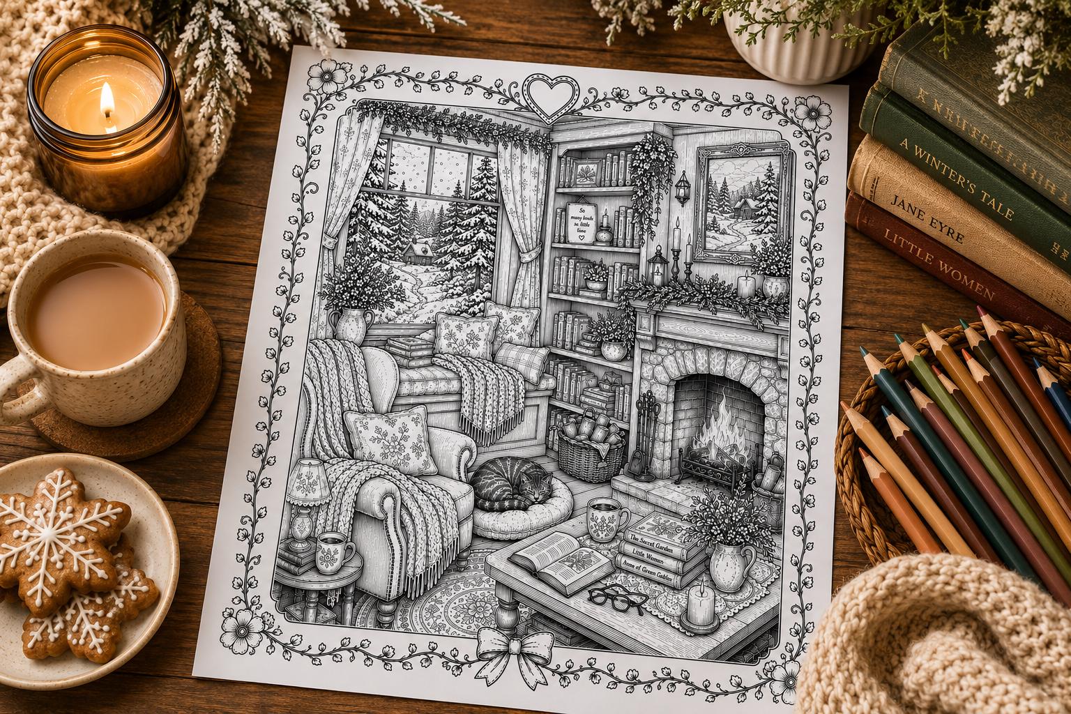 Cozy Winter Day Coloring Page Printable | Cozy Fireplace Cottagecore ...