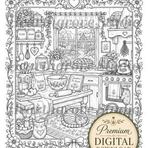 Pu&ograve; includere: Illustrazione in bianco e nero di una cucina con elementi di pasticceria. Sono raffigurati una torta, un gatto e utensili da cucina. Il testo "Premium DIGITAL DOWNLOAD" &egrave; visibile su un distintivo circolare.