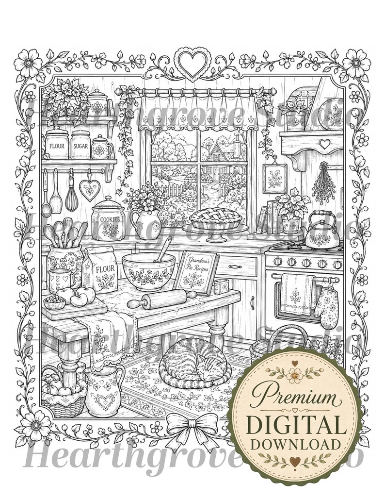Pu&ograve; includere: Illustrazione in bianco e nero di una cucina con elementi di pasticceria. Sono raffigurati una torta, un gatto e utensili da cucina. Il testo "Premium DIGITAL DOWNLOAD" &egrave; visibile su un distintivo circolare.
