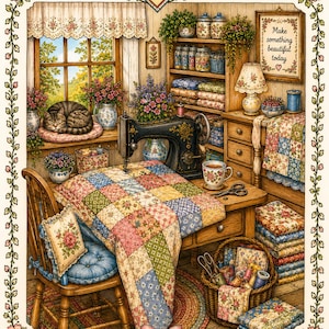 Pu&ograve; includere: Illustrazione di una stanza da cucito accogliente con una macchina da cucire vintage, una trapunta patchwork e un gatto che dorme sul davanzale. La stanza &egrave; decorata con fiori, tessuti e un cartello con la scritta "Make something beautiful today."