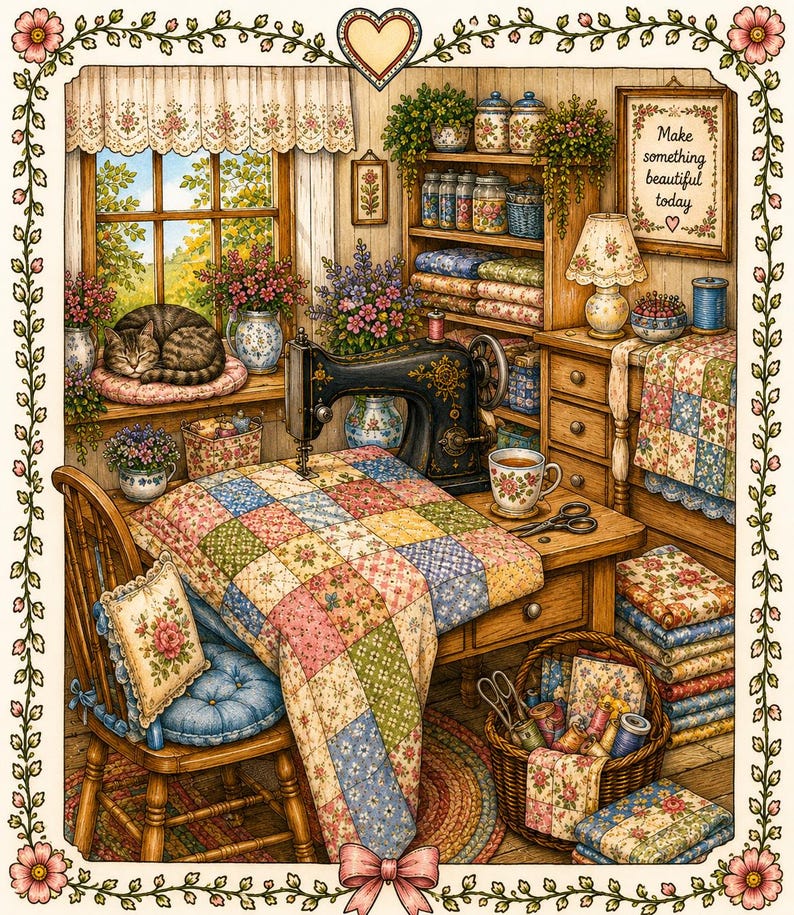 Pu&ograve; includere: Illustrazione di una stanza da cucito accogliente con una macchina da cucire vintage, una trapunta patchwork e un gatto che dorme sul davanzale. La stanza &egrave; decorata con fiori, tessuti e un cartello con la scritta "Make something beautiful today."