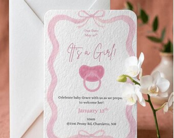It's a Girl! Baby Shower Invite! Pink, bows, dinosaur. (Digital)