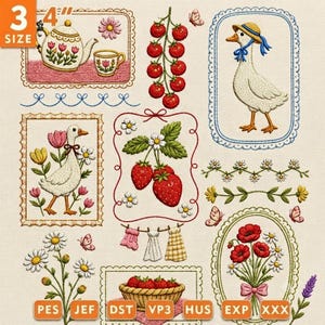 Vintage Cottagecore Goose Strawberry Embroidery Design Bundle, Floral Tea Pot, Goose Strawberry Floral Tea Time Embroidery Files